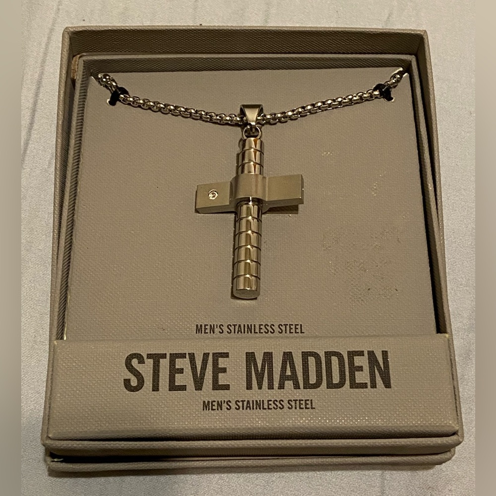 Steve Madden “Men’s Stainless Steel” Ribbed Cross Necklace